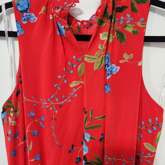 Calvin Klein Red Floral Dress Pleated Skirt - Picture 5 of 6